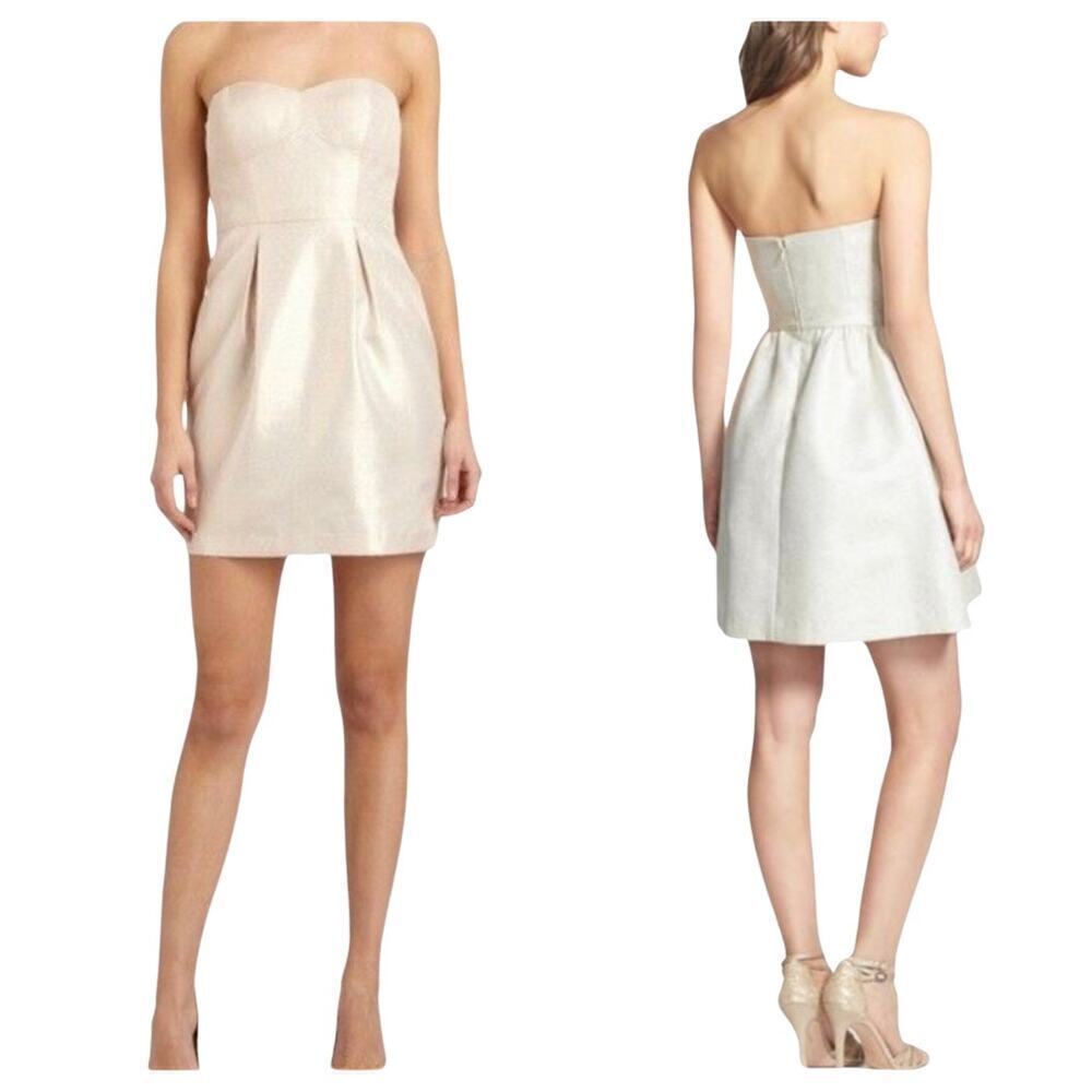 Aidan Mattox Dress Strapless Mini Jacquard Metallic Glitter Party Gold Champagne